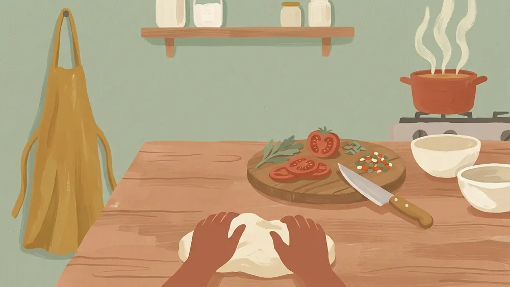 Kurzy varenia ako ilustrácia: drevená doska s nožom, misky s nakrájanou zeleninou a zástera, namaľované plochým gvašom v zemitých farbách