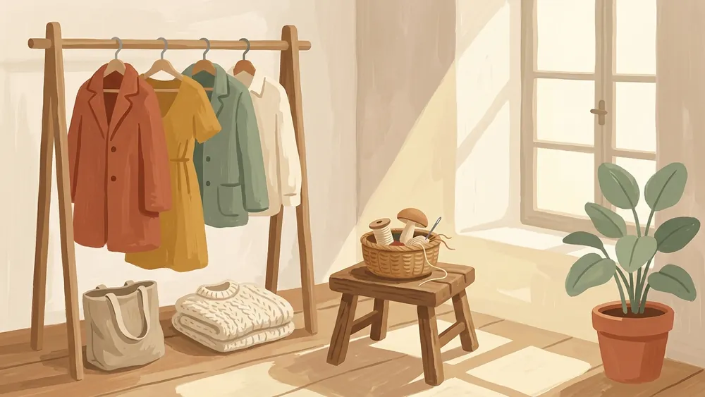 Udržateľná móda a second hand: ilustrácia drevenej tyče s oblečením v zemitých farbách, košíka s niťou a ihlou a poskladaného pleteného svetra.